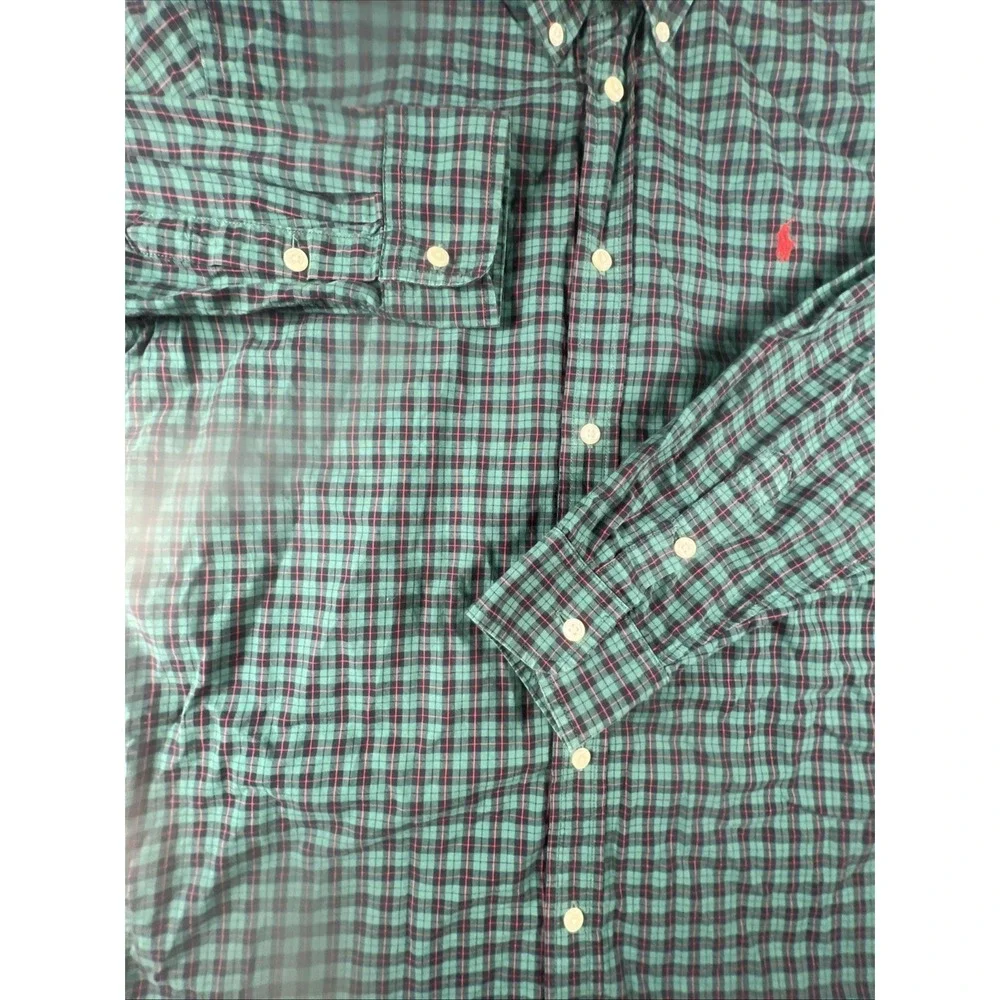 Vtg Polo Ralph Lauren 'Custom Fit' Green Plaid Button-Down Shirt - Size Large
